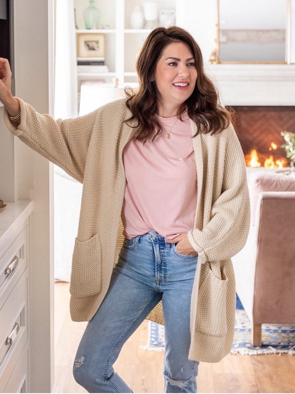 Open-Front Textured Pocket Cardigan in Cream